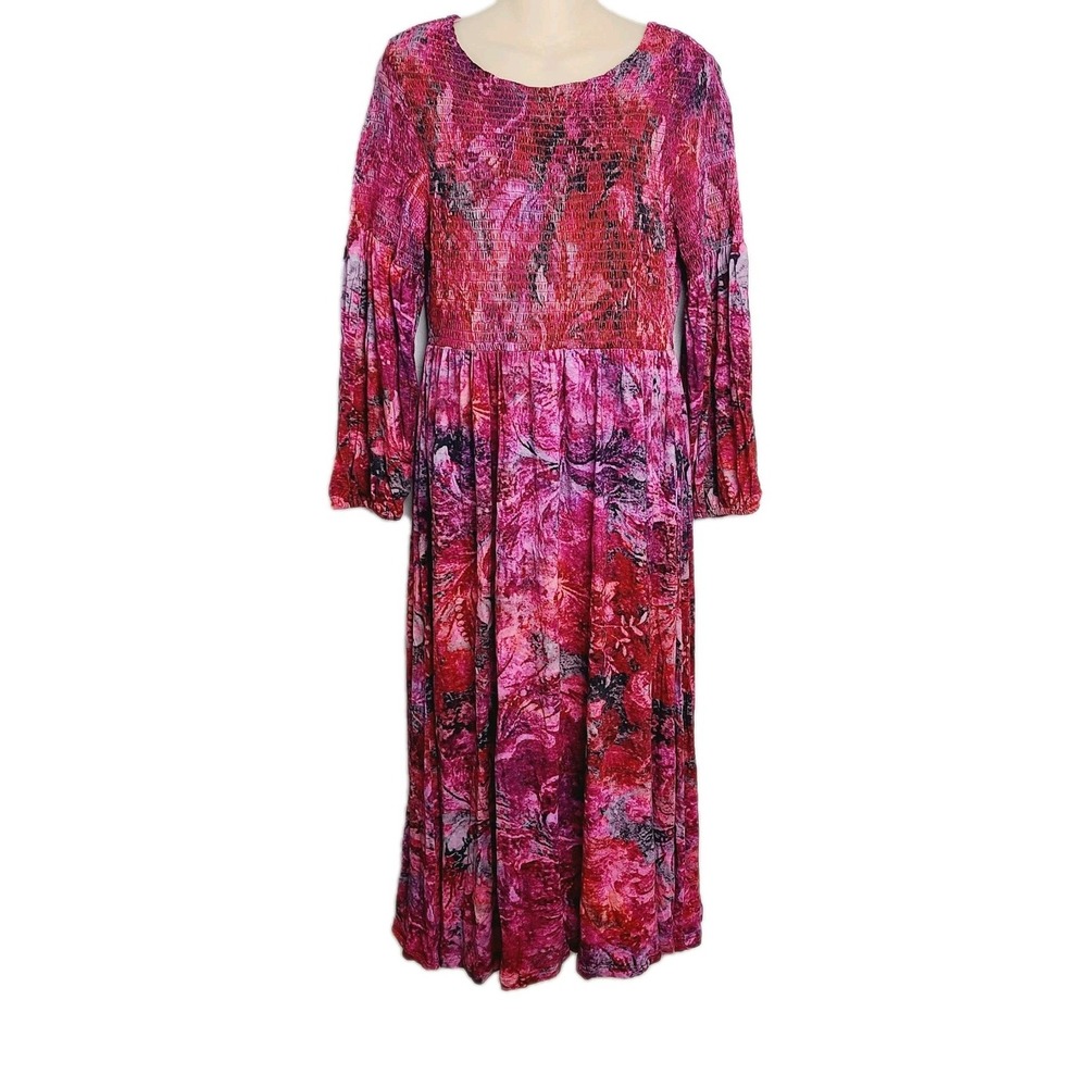 Soft Surroundings‎ Boho Smocked Maxi Dress Pink Abstract Long Sleeve Flowy S